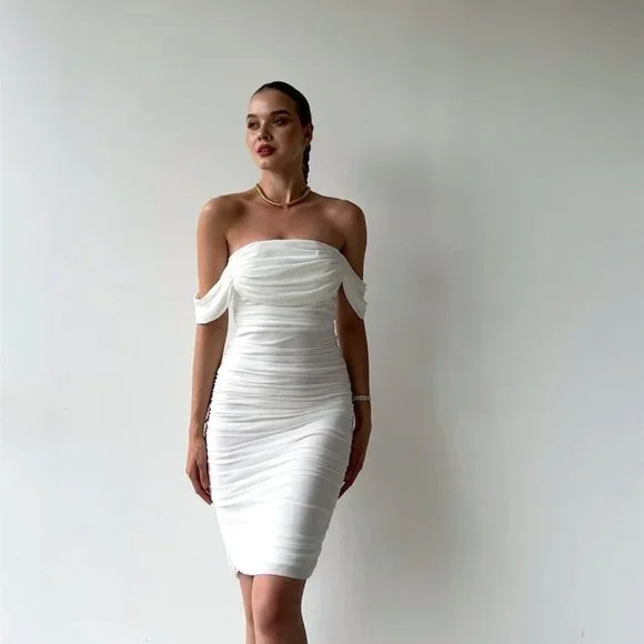 White Bodycon Ruched Stretch Dress - Picture 2 of 12